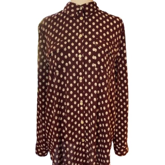 Ann Taylor LOFT Acorn Print Button Down Shirt Cranberry, Size Long Torso, Medium - Picture 6 of 14
